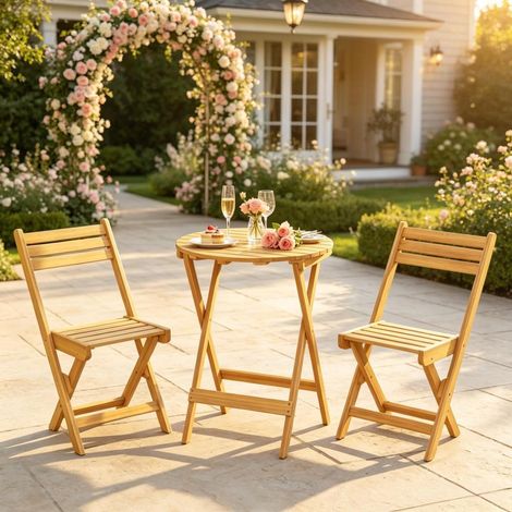 Pour 2 personnes, prêt à l'emploi, salon de jardin bistrot avec 2 chaises pliantes et table ronde en acacia (1/5)