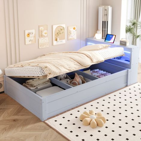 Divano letto 90 × 200 cm, dotato di presa elettrica europea e diversi vani portaoggetti, con strisce LED multicolore, meccanismo letto idraulico, letto multifunzionale in legno massello, grigio. (1/5)