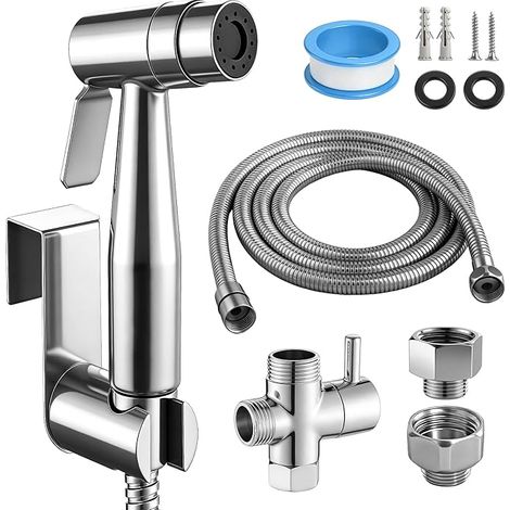 Pulvérisateur de bidet à main en Acier Inoxydable, Douchette Bidet Avec Vanne En T G1/2" Et Adaptateur Toilette G3/8", Flexible 150Cm, Support Mural Ou Crochet, Douche Pour Bébé, Animaux Et Hygiène (1/5)