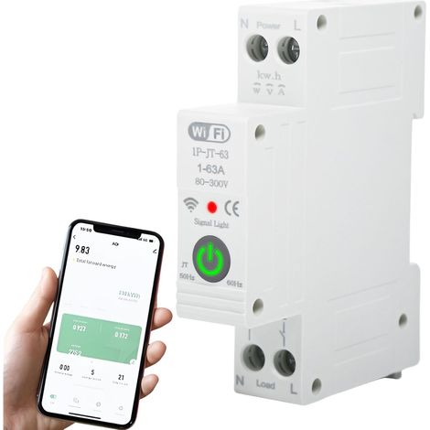 Disjoncteur Connecté WIFI Interrupteur Connecté Tuya 1P 63A DIN Rail Compteur Electrique Consommation Wattmetre avec télécommande for Maison Intelligente(Gray) (1/5)