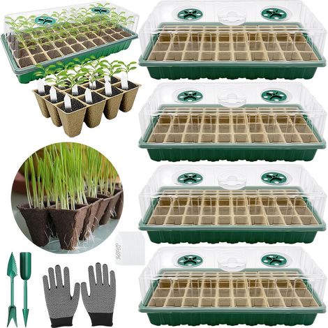 4 Pièces - Mini Serre - Bac à Semis - Plateau de Culture avec Couvercle et Ventilation - Pour Fleurs Légumes Fruits - Transparent - 144 Cellules