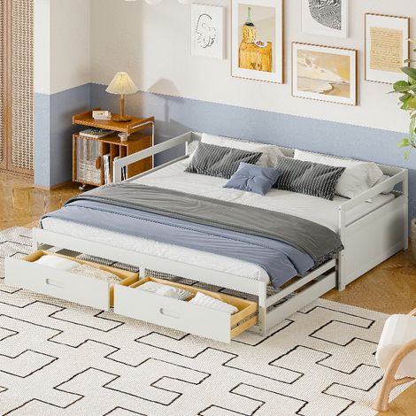 Ausziehbares Schlafsofa 90x200 auf 180x200 cm mit 2 Schubladen und Lattenrost, multifunktionales Kiefernbett mit Stauraum, Gästebett, Weiß (1/5)