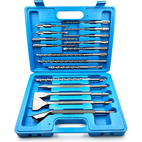 Irovami Ensemble de 17 forets et burins SDS-Plus pour marteau perforateur, avec coffret de rangement pour béton, pierre et brique. (1/5)