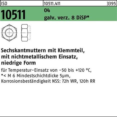 Ecrou hexagonal ISO 10511 Pièce de serrage M24 Acier de décolletage galv. 8 DiSP 25p.