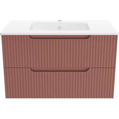 meuble de salle de bains leon 80cm terracotta - 2 tiroirs en mdf ondulés - vasque à encastrer — vue 3