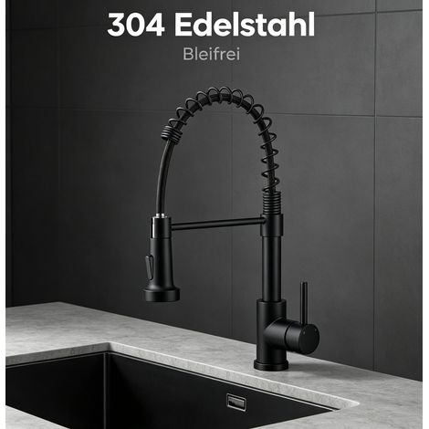 DUSCHPARADIES Küchenarmatur mit Spiralfeder Ausziehbare Brause 360°Schwenkbar Edelstahl 2 Strahlarten Hochdruck Wasserhahn Matt Schwarz (1/5)