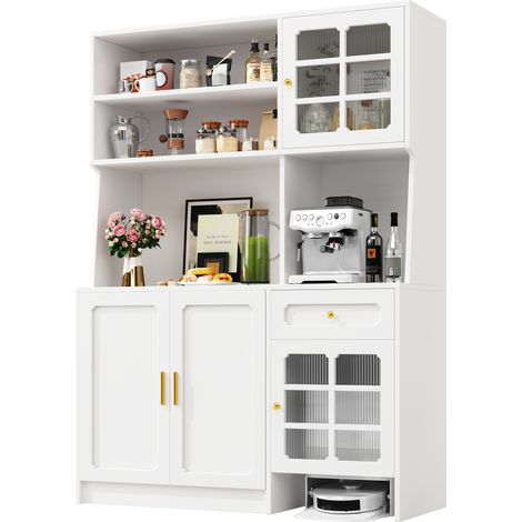 Buffet de cuisine 130 x 45 x 180 cm avec portes vitrées, LED multicolore pilotée par application, rangement pour robot aspirateur, blanc rétro - CHICFURN (1/5)