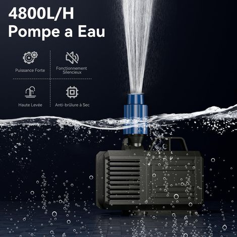Pompe Aquarium 4800L/H (MAX) 85W Pompe a Eau, Amphibie Pompe Bassin avec 2 Buses pour étangs, Rocailles, Jardins,Hauteur de Levage Maximale 3.8m (1/5)