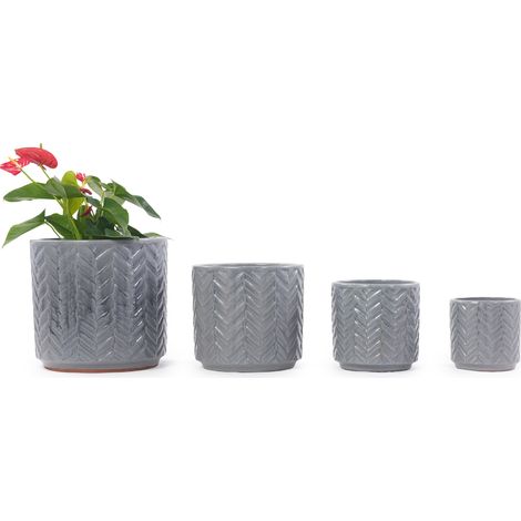 Pot de fleurs céramique gris cendre Ø 20 cm, cache-pot d’intérieur avec drainage, relief chevrons brillant pour mini plantes et herbes, CHICFURN (1/5)