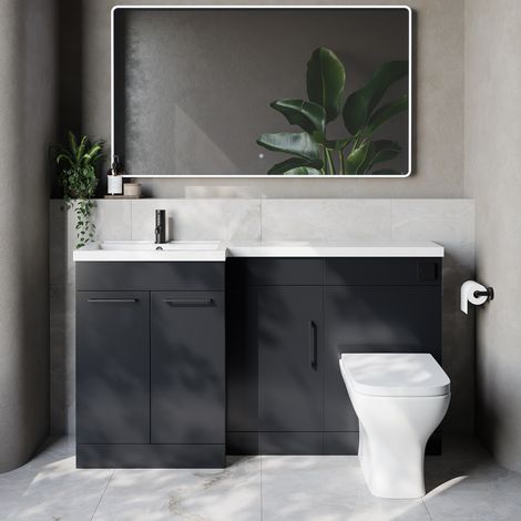 Napoli 390 Gloss Grey 1500mm 3 Door Vanity Unit Toilet Suite with Left Hand Square Lucia Basin - 1500mm - Matt Black 160mm HandleWith Kingston Toilet Pan and Seat