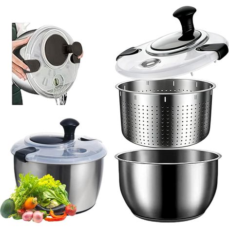 Essoreuse à salade en acier inoxydable de 5 l avec couvercle, en acier inoxydable de qualité alimentaire, base antidérapante, efficace pour la préparation de la salade et le nettoyage des aliments (1/5)