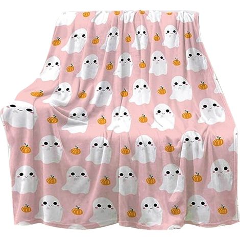 Couverture Flanelle Halloween - Motif Citrouille Fantôme - 76 x 99 cm - Orange Rose - Pour Canapé Lit ou Décoration Automnale (1/5)