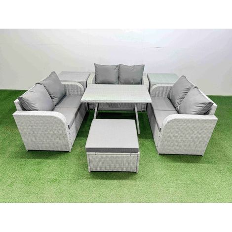 Fimous Rattan Garden Furniture Dining Set 7-seater Patio Rectangular Table Love Sofa Set with 2 Side Tables Big Stool (1/4)