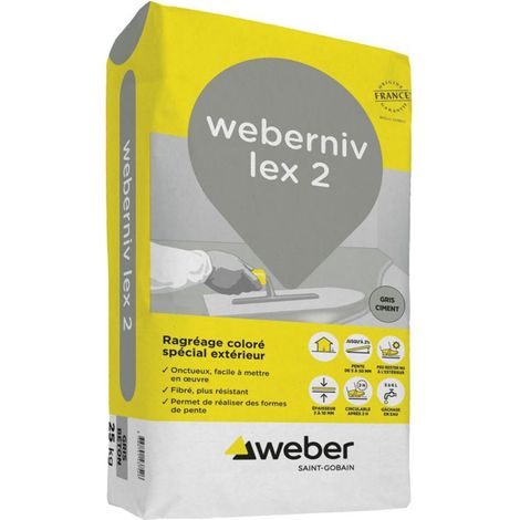 Weber Saint Gobain – Ragréage ciment fibré WEBERNIV LEX 2 – Sac 25 kg – Circulable après 2h – Pour sols extérieurs et intérieurs