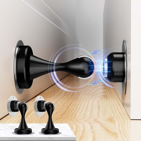 Topes magnéticos para puertas Corohero (juego de 2), pestillo de acero inoxidable de alta resistencia, montaje adhesivo/con tornillos, soporte de puerta negro para pared/suelo. (1/5)