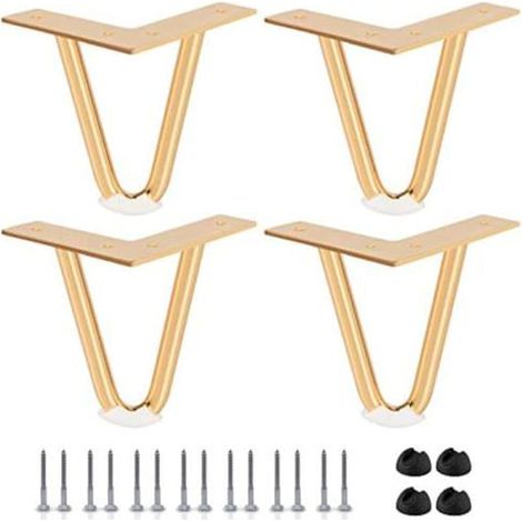 Lot de 4 Pieds en épingle à Cheveux de 10, 2 cm, Pieds de Meubles en métal Robuste avec Protections de Sol en Caoutchouc et vis pour (1/4)