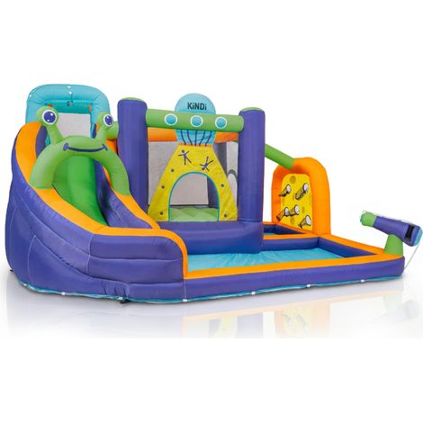 KiNDi DPZ006 Terrain de jeu gonflable avec toboggan aquatique et pataugeoire 370x310x210 cm PVC, ventilateur 450W, pour 4 enfants, multicolore