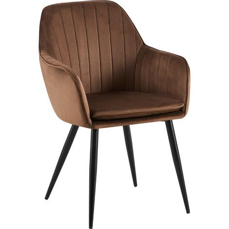 Fauteuil élégant en velours marron avec coutures verticales et pieds métal noir 100007589