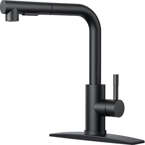 Robinet de cuisine noir - Robinet d'évier avec douchette extractible - Robinet de cuisine à pompe commerciale - Convient aux éviers à 1 ou 3 trous - Robinet d'évier monocommande en acier inoxydable - (1/3)