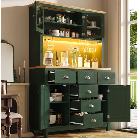 Credenza da cucina 104 x 40 x 180 cm con LED, portabicchieri, 4 ante, verde HAVRYA (1/5)