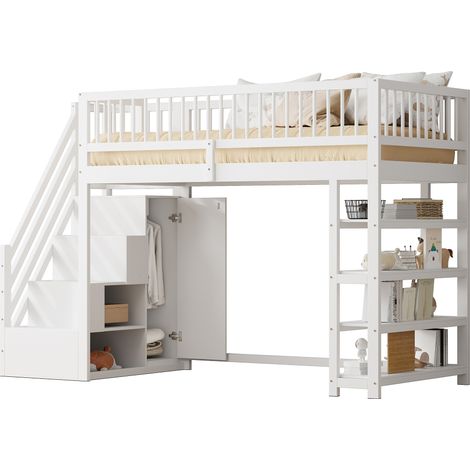 Lit mezzanine 90x200 haute avec penderie étagères et rangement avec échelle d'escalade  Lit jeune en bois massif blanc (1/5)