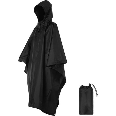 Poncho Pluie Multifonction 210T Polyester - Imperméable Déchirure, Capuche Cordon Réglable, Œillets 4 Coins - Pour Camping, Randonnée, Bâche Sol, Abri Soleil - Polyester 210T - Noir - 220 x 145 cm (1/5)