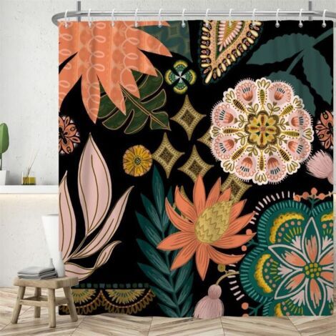 180Lx180Hcm Rideau Douche Boho, Rideau de Douche Fleur Rose Bohême Feuille Vert Rideau de Baignoire Anti Moisissure Imperméable Tissu Polyester Lavable Rideau Salle de Bain avec 12 Crochets (1/4)