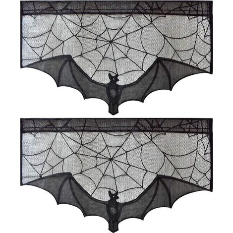 2 Stück – Halloween-Tischdekorationen: Tischdecken (95 x 57 cm), Kamin-Schal-Dekoration, Vorhang, Fledermaus-Vorhang, Spitze, großes Spinnennetz-Motiv (1/5)