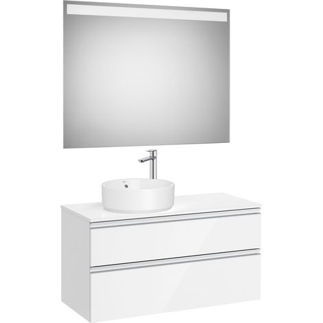 Pack meuble "The gap" 1000 pour vasque à gauche - 2 tiroirs + plan + miroir LED - blanc brillant/poignées alu brillantes - Roca (1/2)
