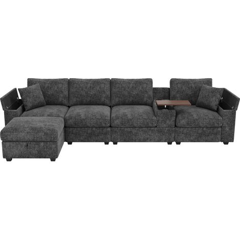 Sofá Esquinero Modular 5 Plazas con Almacenaje, Puertos USB y Type-C, Mesa Giratoria, Chenilla Gris (1/5)