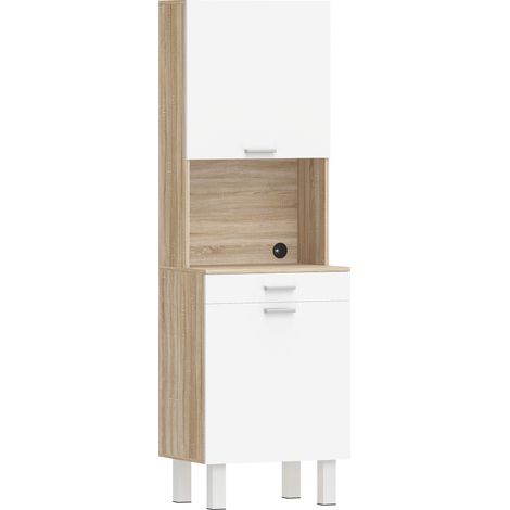 Credenza da Cucina 55x40x175 cm con Ripiani Aperti 2 Armadietti e Cassetto in Legno e Metallo Bianco e Legno (1/5)