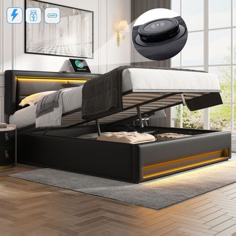 Lit coffre capitonné 140x190 cm, similicuir, avec éclairage LED, hydraulique de rangement, sans fil fonction de charge USB, sommier à lattes - Noir