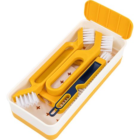 Cepillo de limpieza para ranuras y huecos (4 unidades) con caja de almacenamiento para limpiar puertas, ventanas, esquinas de rieles y huecos en cocinas, baños, bañeras, azulejos y vidrio. (1/5)