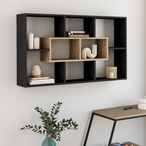 Estantería mural COLETTE con 8 compartimentos negros y efecto madera