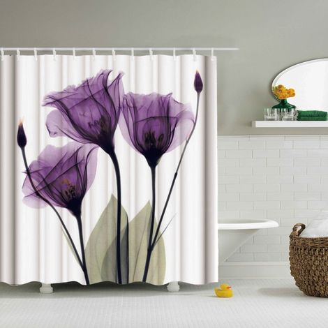 Lntyq Schimmelresistenter Duschvorhang aus Stoff, Duschvorhang 180 x 180 cm, weißer wasserdichter waschbarer Badewannenvorhang aus Polyester mit Haken, Lila Blumen (1/4)