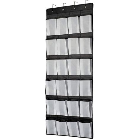 Noir Organiseur à suspendre sur une porte, étagère à chaussures, rangement à chaussures, 24 grandes poches en maille pour chambre à coucher, salle de bain, placard, 140 x 55 cm (1/5)