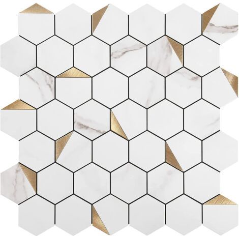 Selbstklebende Fliesenaufkleber, hexagonales Muster, weiß, 30 x 30 cm, Mosaik-Stil, Wandaufkleber, wasserdichte Dekorfolie für Badezimmer- und Küchenwandfliesen (1/4)
