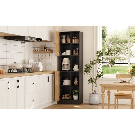 Armoire d angle haute anthracite et chêne avec 6 niches, 2 portes et étagères réglables, pour cuisine, salle à manger et salon (1/5)
