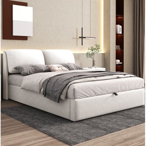 Cama tapizada de terciopelo beige 140x190 cm con almacenamiento hidráulico, 3 cajones y cabecero (1/5)