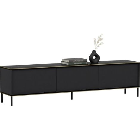 Mueble TV Vicchio, 3 Puertas, Estante Efecto Mármol, 3 Cajones, 180x35x45h cm Negro Antracita