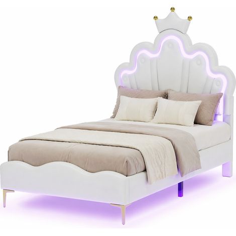 Lit 90 x 200 cm princesse à nuage, tête couronne, cuir régénéré blanc, LED d’ambiance et hauteur réglable 123/129 cm pour chambre féerique CHICFURN (1/5)