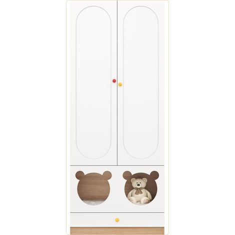 Armadio per bambini a 2 ante con barra e cassetti, 80 x 50 x 200 cm, bianco e effetto legno (1/5)