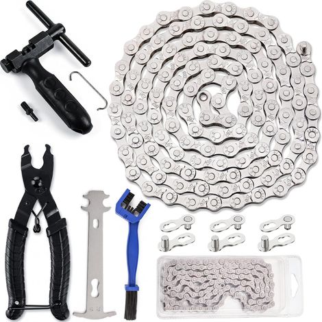 Chaîne de Vélo 6/7/8 Vitesses avec Kit de Réparation, Outil de Dérive-Chaîne avec Serrage, Kit d'Entretien VTT avec Brosse et Accessoires (1/2" x 3/32", 116 Maillons) (1/5)