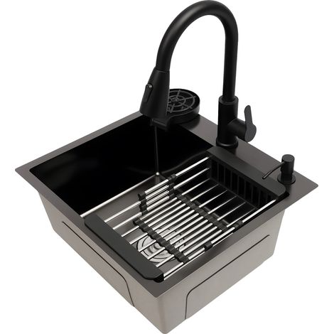 Évier de cuisine, robinet escamotable, fonctionnalités multifonctionnelles, noir (1/2)