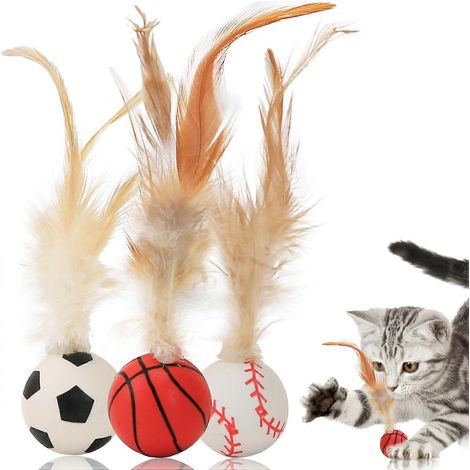Lot de 3 jouets interactifs pour chats : plumes, balle en caoutchouc, adaptés aux chatons et chats d'intérieur joueurs (1/5)