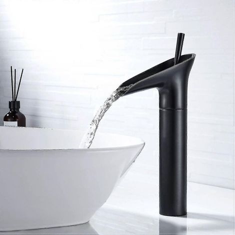 YMYNY Robinet de salle de bain noir, robinet de salle de bain cascade, mitigeur de lavabo à levier unique noir rétro, robinet de salle de bain, lavabo haut à poser en laiton, lavabo à main (1/4)