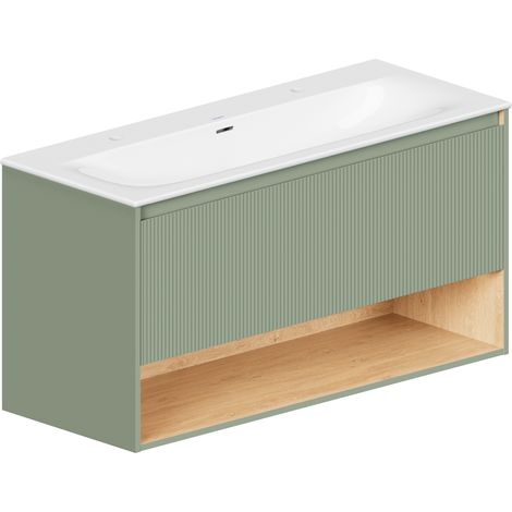 BERNSTEIN - Mueble lavabo suspendido MDF Verde Jade mate, lavabo DURAVIT Blanco brillo, orificios grifería, rebosadero, desagüe 123x49x62cm - BELDIVO Verde jade mate, Con orificio para grifo 2x (1/5)