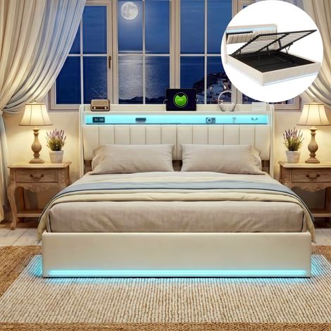Lit Coffre 140x190 Velours - Lit Simple LED RGB avec Prises USB Type-C, Tête de Lit Rangement et Sommier Hydraulique Relevable - Beige (1/5)