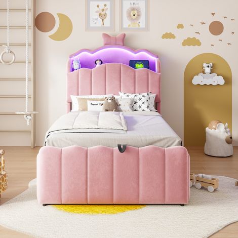 Lit capitonné enfant 90x200 avec rangement hydraulique et led couleur - velours - ports usb et usb-c - rose (1/5)