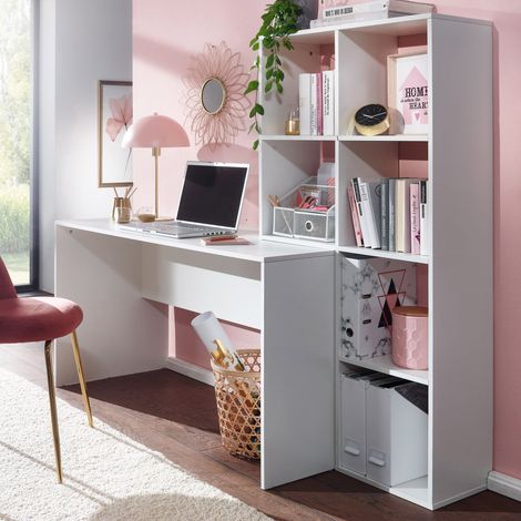 M&S – Bureau droit avec étagères 170x59x144 cm – Panneaux de particules stratifiés – Finition blanche mélaminée – 6 niches de rangement